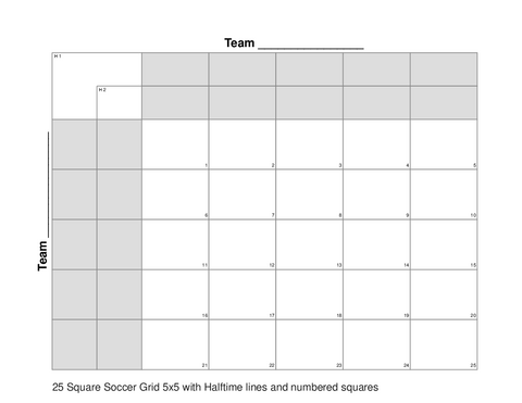 25 Square Soccer Grid 5x5 with Halftime lines and numbered squares