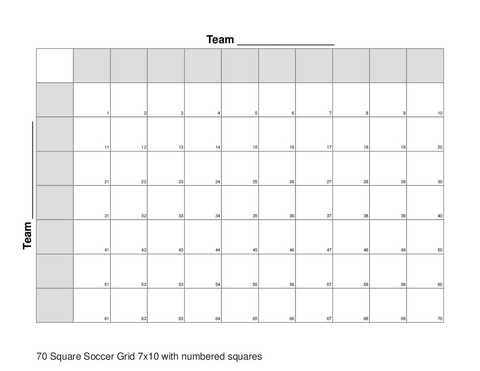 70 Square Soccer Grid 7x10 with numbered squares