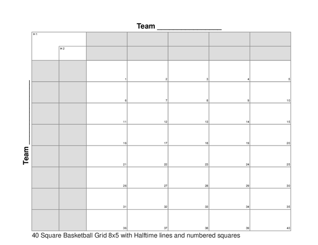 40 Square Basketball Grid 8x5 with Halftime lines and numbered squares