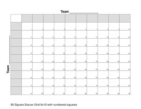 90 Square Soccer Grid 9x10 with numbered squares