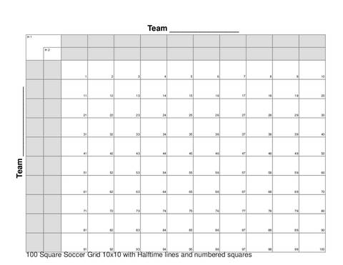 100 Square Soccer Grid 10x10 with Halftime lines and numbered squares