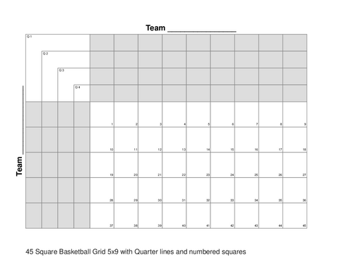 45 Square Basketball Grid 5x9 with Quarter lines and numbered squares