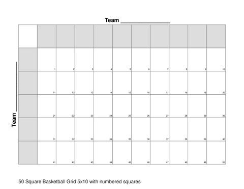 50 Square Basketball Grid 5x10 with numbered squares