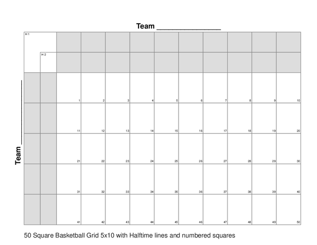 50 Square Basketball Grid 5x10 with Halftime lines and numbered squares