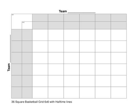 36 Square Basketball Grid 6x6 with Halftime lines
