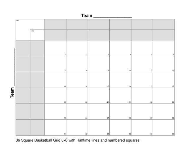 36 Square Basketball Grid 6x6 with Halftime lines and numbered squares