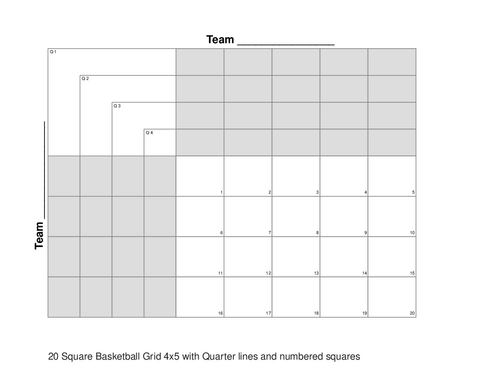 20 Square Basketball Grid 4x5 with Quarter lines and numbered squares