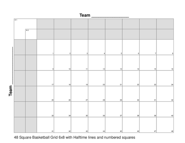 48 Square Basketball Grid 6x8 with Halftime lines and numbered squares
