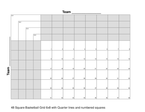 48 Square Basketball Grid 6x8 with Quarter lines and numbered squares