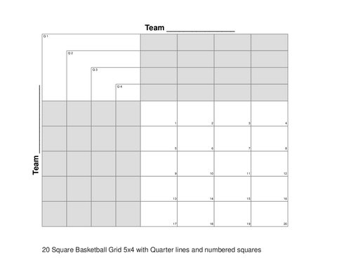 20 Square Basketball Grid 5x4 with Quarter lines and numbered squares