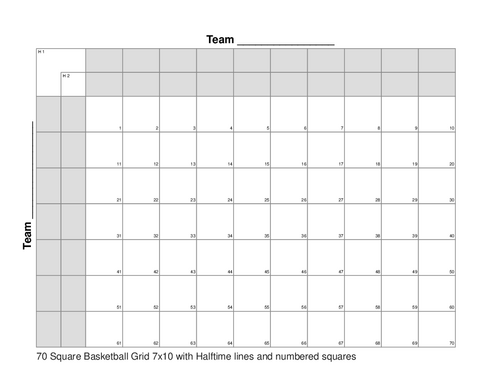 70 Square Basketball Grid 7x10 with Halftime lines and numbered squares