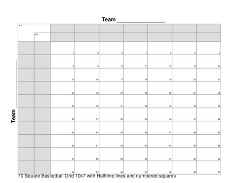 70 Square Basketball Grid 10x7 with Halftime lines and numbered squares