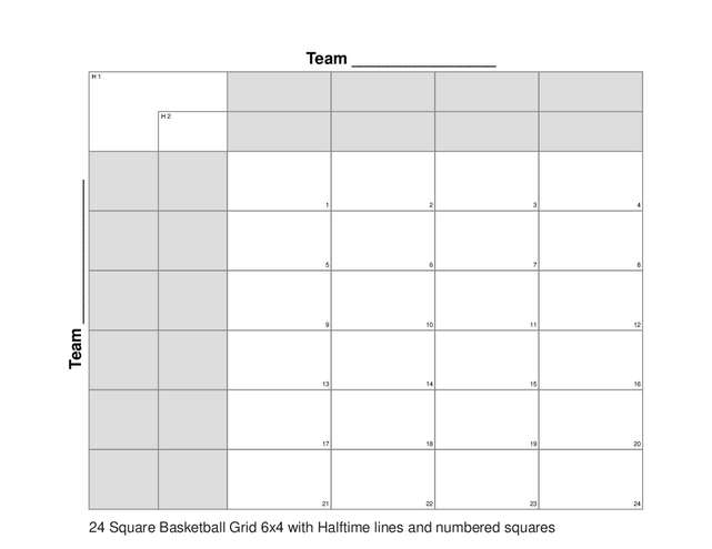 24 Square Basketball Grid 6x4 with Halftime lines and numbered squares