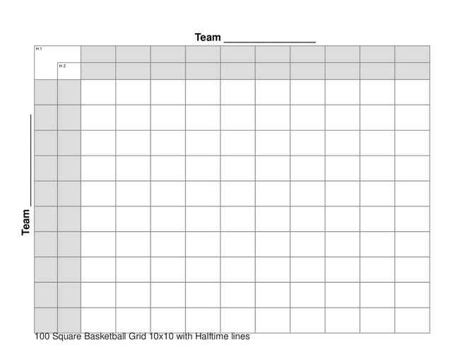 100 Square Basketball Grid 10x10 with Halftime lines