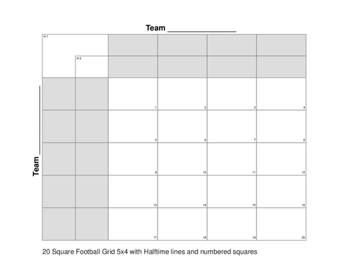20 Square Football Grid 5x4 with Halftime lines and numbered squares