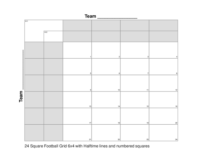 24 Square Football Grid 6x4 with Halftime lines and numbered squares