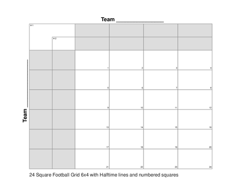 24 Square Football Grid 6x4 with Halftime lines and numbered squares