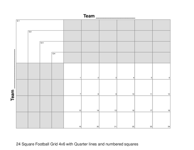 24 Square Football Grid 4x6 with Quarter lines and numbered squares