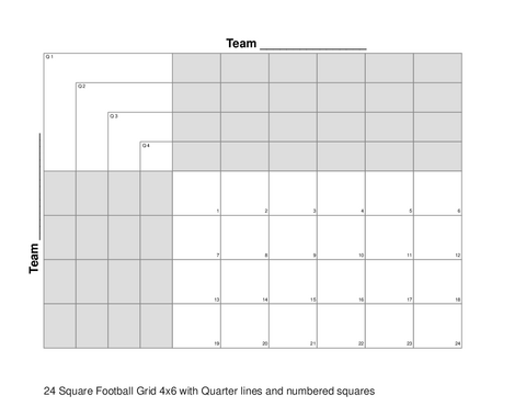 24 Square Football Grid 4x6 with Quarter lines and numbered squares