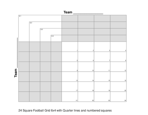 24 Square Football Grid 6x4 with Quarter lines and numbered squares
