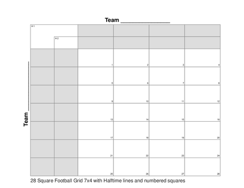 28 Square Football Grid 7x4 with Halftime lines and numbered squares