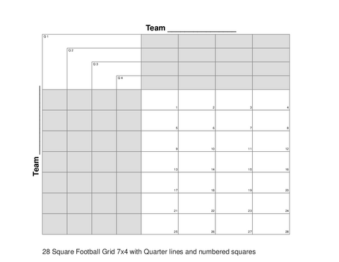 28 Square Football Grid 7x4 with Quarter lines and numbered squares