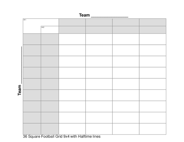 36 Square Football Grid 9x4 with Halftime lines
