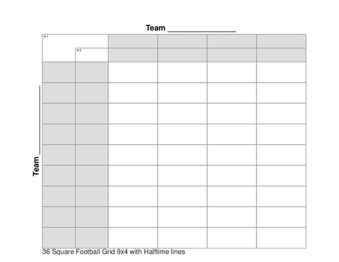 36 Square Football Grid 9x4 with Halftime lines
