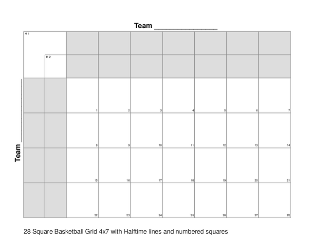 28 Square Basketball Grid 4x7 with Halftime lines and numbered squares