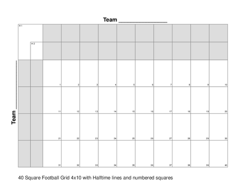 40 Square Football Grid 4x10 with Halftime lines and numbered squares