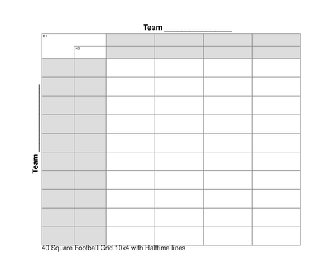 40 Square Football Grid 10x4 with Halftime lines
