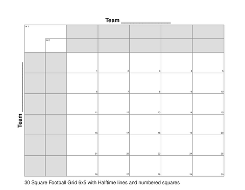 30 Square Football Grid 6x5 with Halftime lines and numbered squares