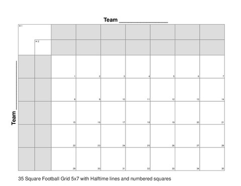 35 Square Football Grid 5x7 with Halftime lines and numbered squares
