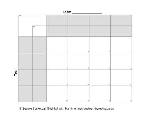 16 Square Basketball Grid 4x4 with Halftime lines and numbered squares