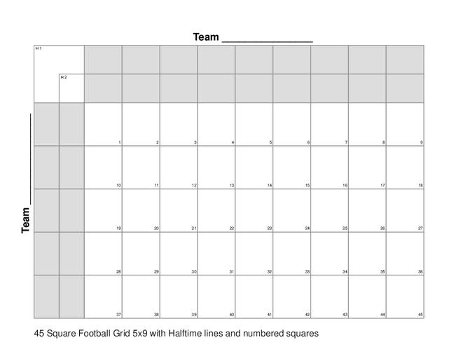 45 Square Football Grid 5x9 with Halftime lines and numbered squares