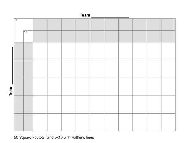 50 Square Football Grid 5x10 with Halftime lines