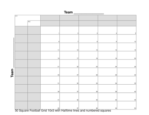 50 Square Football Grid 10x5 with Halftime lines and numbered squares