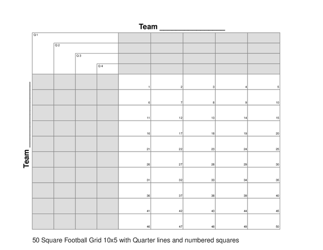 50 Square Football Grid 10x5 with Quarter lines and numbered squares