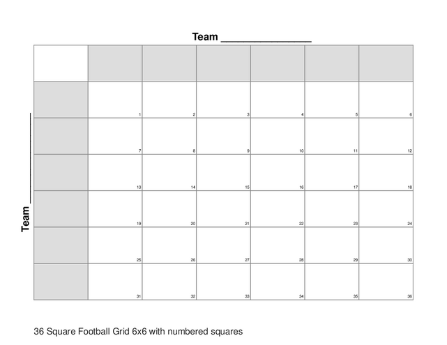 36 Square Football Grid 6x6 with numbered squares
