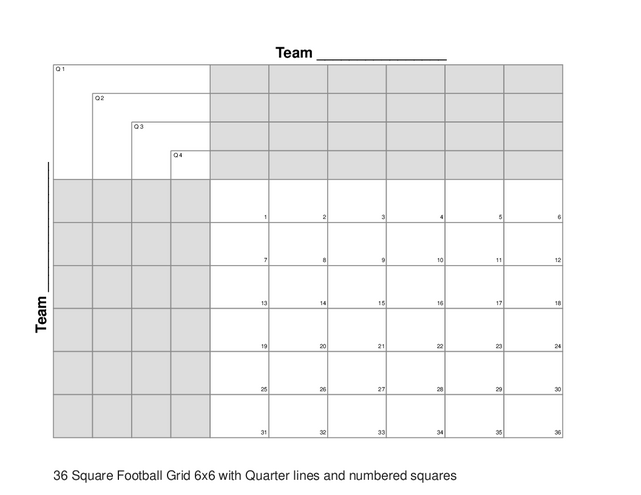 36 Square Football Grid 6x6 with Quarter lines and numbered squares