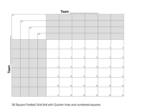36 Square Football Grid 6x6 with Quarter lines and numbered squares