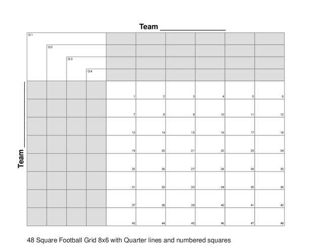 48 Square Football Grid 8x6 with Quarter lines and numbered squares