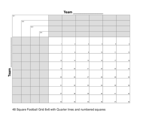 48 Square Football Grid 8x6 with Quarter lines and numbered squares