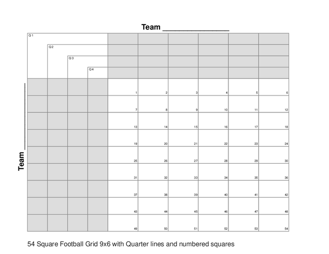 54 Square Football Grid 9x6 with Quarter lines and numbered squares