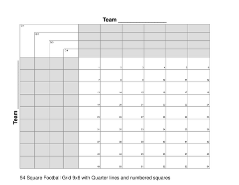 54 Square Football Grid 9x6 with Quarter lines and numbered squares