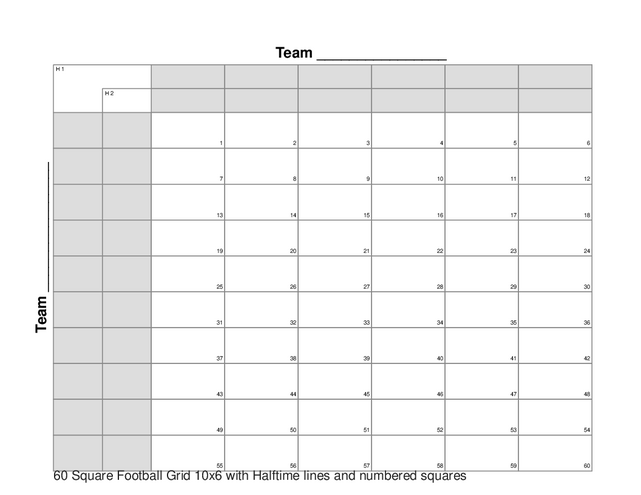 60 Square Football Grid 10x6 with Halftime lines and numbered squares