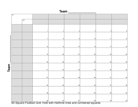 60 Square Football Grid 10x6 with Halftime lines and numbered squares