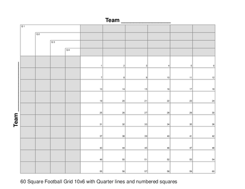 60 Square Football Grid 10x6 with Quarter lines and numbered squares