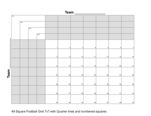 49 Square Football Grid 7x7 with Quarter lines and numbered squares