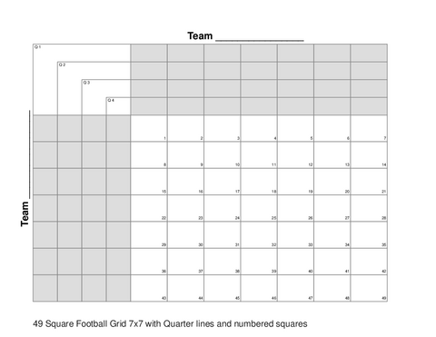 49 Square Football Grid 7x7 with Quarter lines and numbered squares